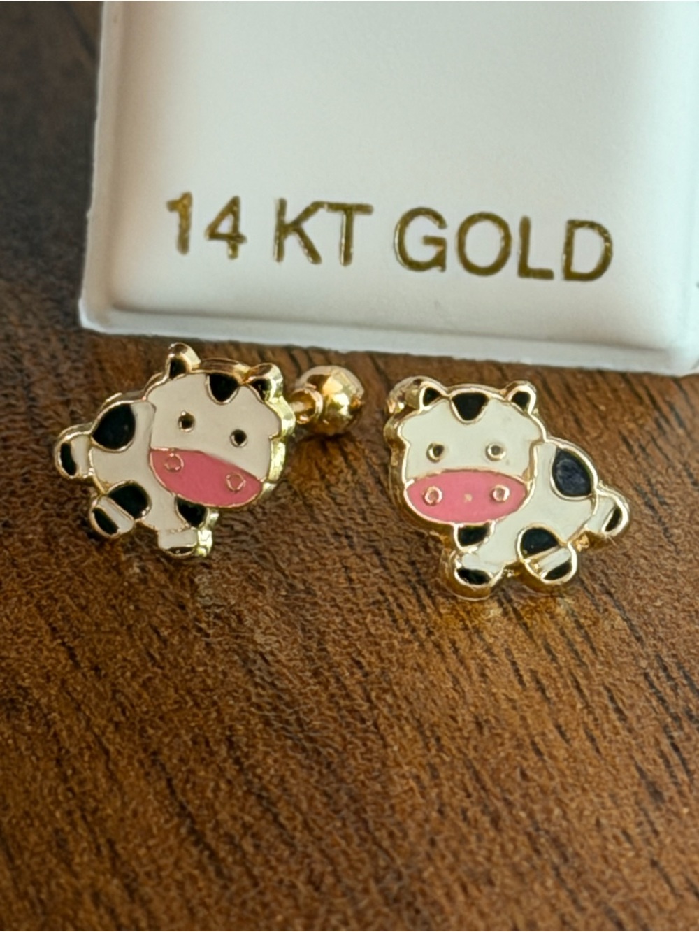 14K Karat Cow Yellow Gold Earring with ball backing Screwback